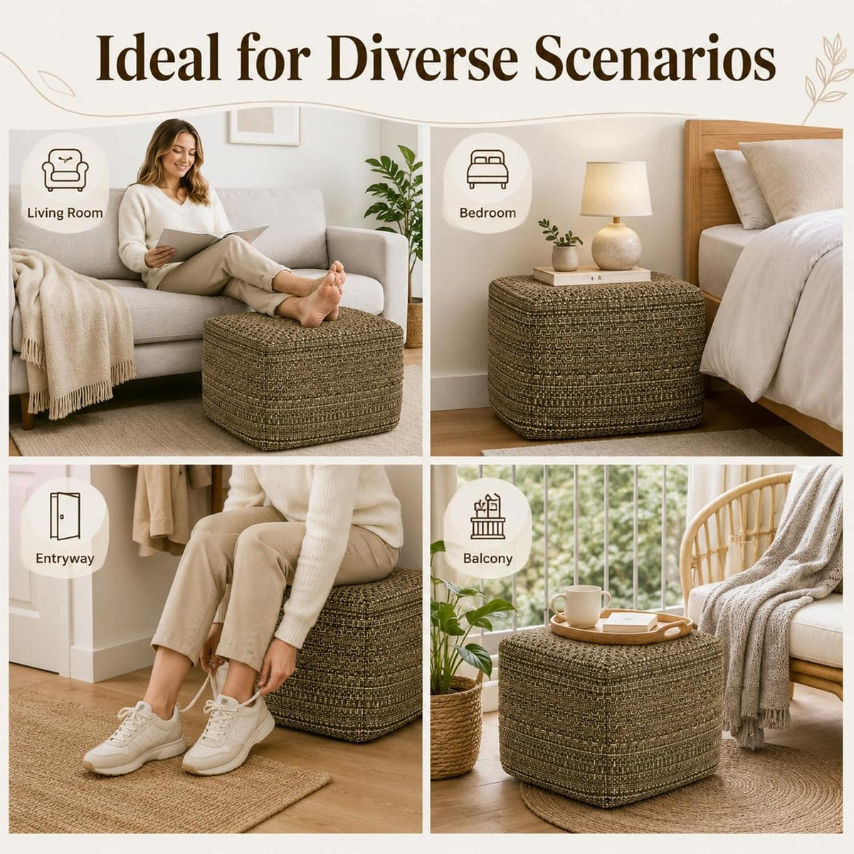 Unstuffed Ottoman Square Pouf Cover, 16.5 x 16.5 x 13 in Bohemian Ottoman with Cross-Stitch Woven Texture, Storage Footrest and Extra Seating for Living Room Bedroom Entryway