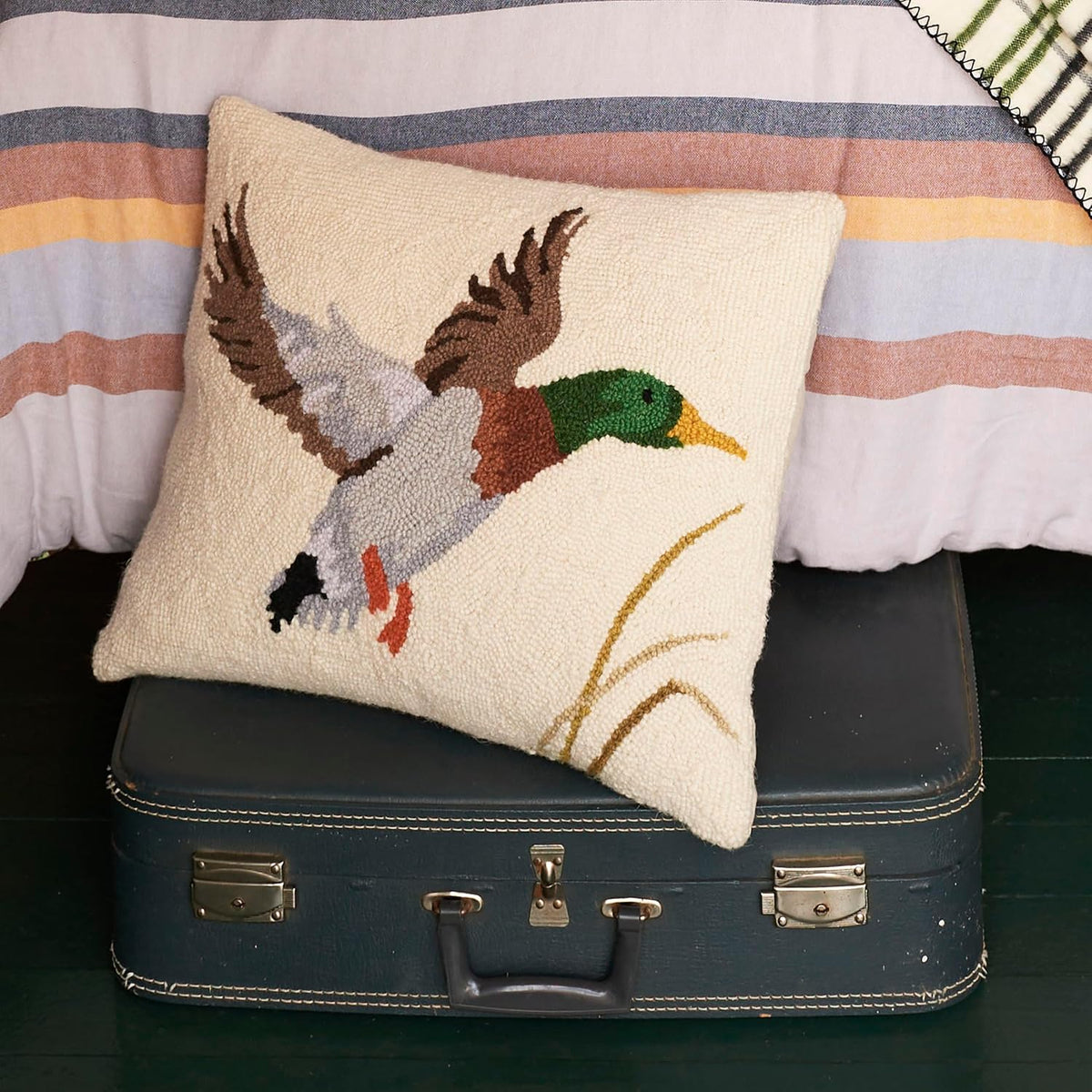 Camp Wandawega Mallard Duck Wool Hook Throw Pillow - Vintage Lodge Cabin Decorative Pillow, Hand-Hooked Oblong 16 x 20 Inch, Lake House Rustic Hunting Decor by Makers Collective