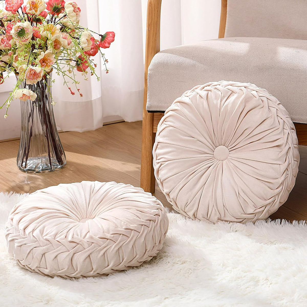 Beeveer 2 Pcs Round Throw Pillows Velvet Pleated Pillows, Ivory