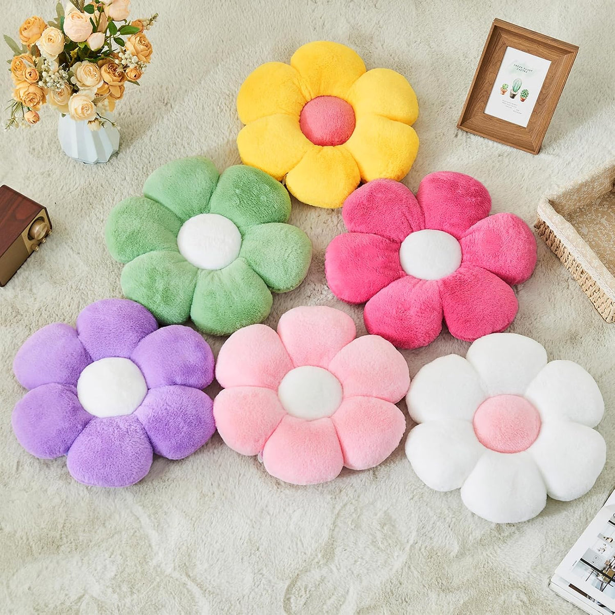 2 Pcs Flower Throw Pillow,15.7'' Daisy Shaped Pillows Set with Faux Rabbit Fur,Soft Flower Plush Throw Pillow Cushions for Bed Sofa Couch Home Decor (White+Pink)