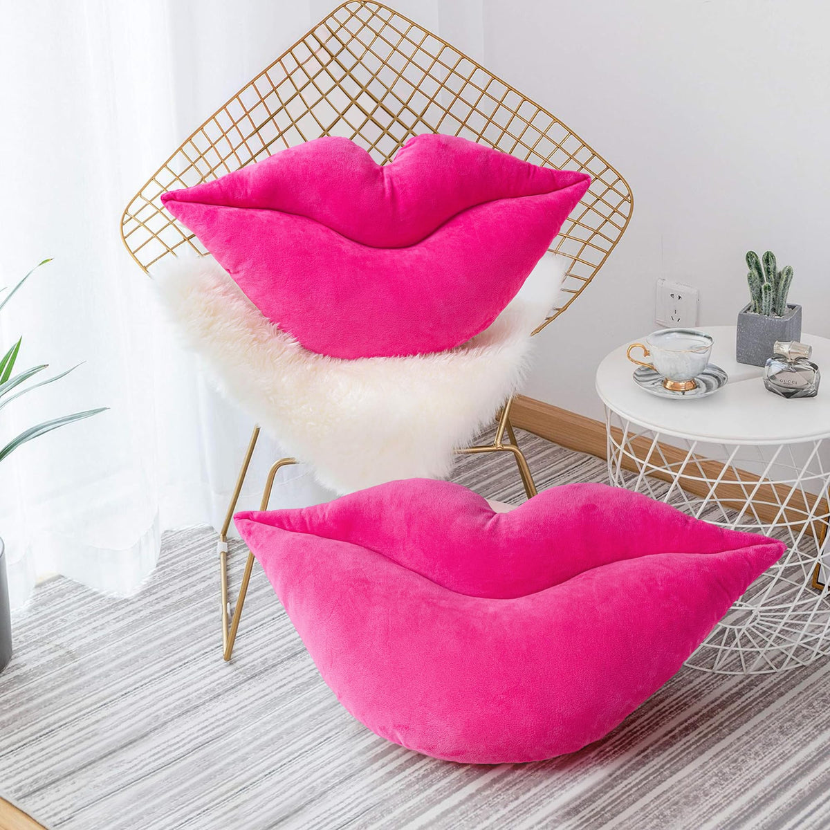 AELS 3D Large Lips Throw Pillows Smooth Soft Velvet Decorative Throw Pillows Love Pillows Cute Pillow 24 X 12 inches for Couch Sofa Bed Living Room Bedroom, Gold