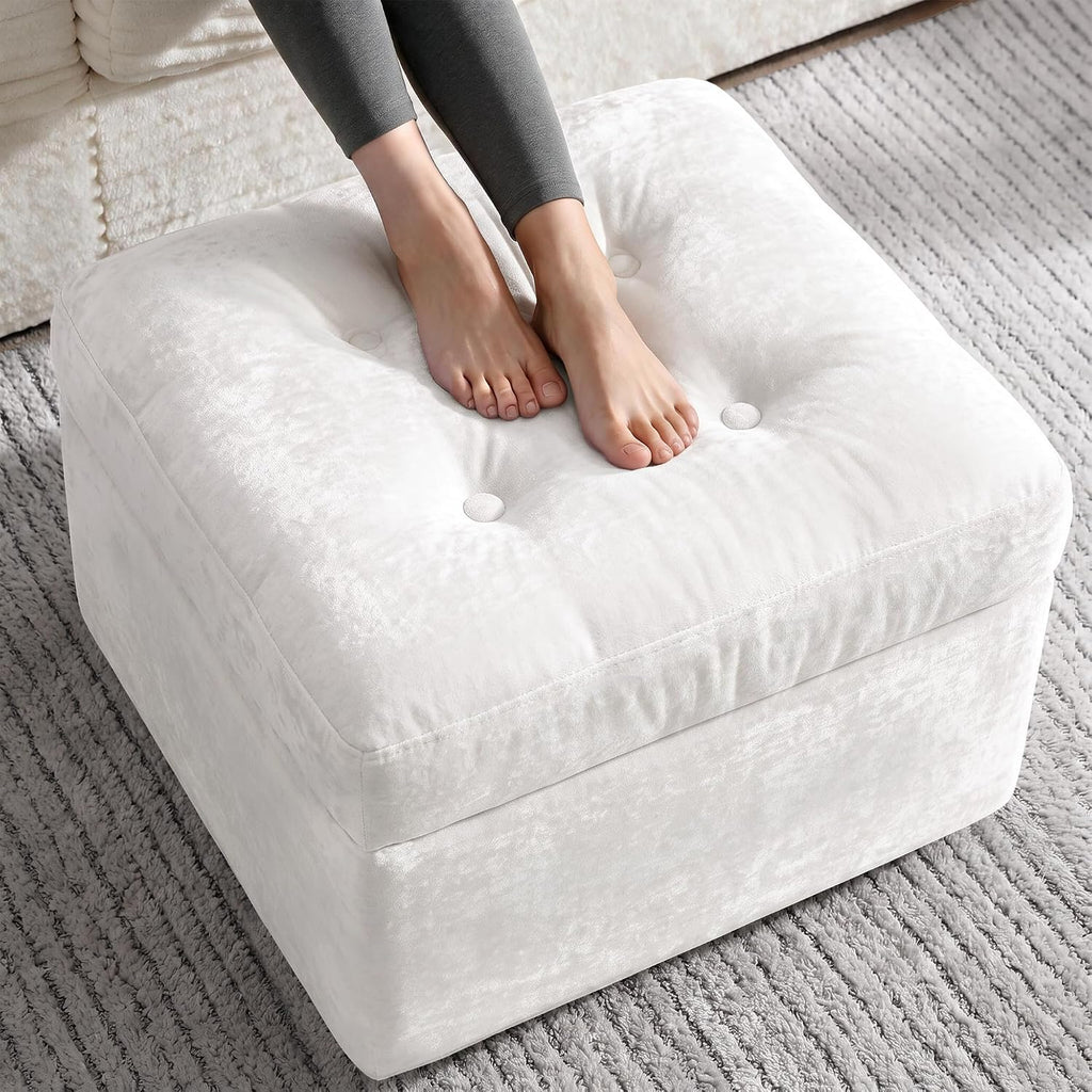 23.6in Pouf Ottoman, Chenille Ottoman Foot Rest with Dual‑Layer Support, Large Plush Pouf with Soft Chunk‑Foam Top & Firm Foam Base, Floor Foot Stool for Living Room, Beige