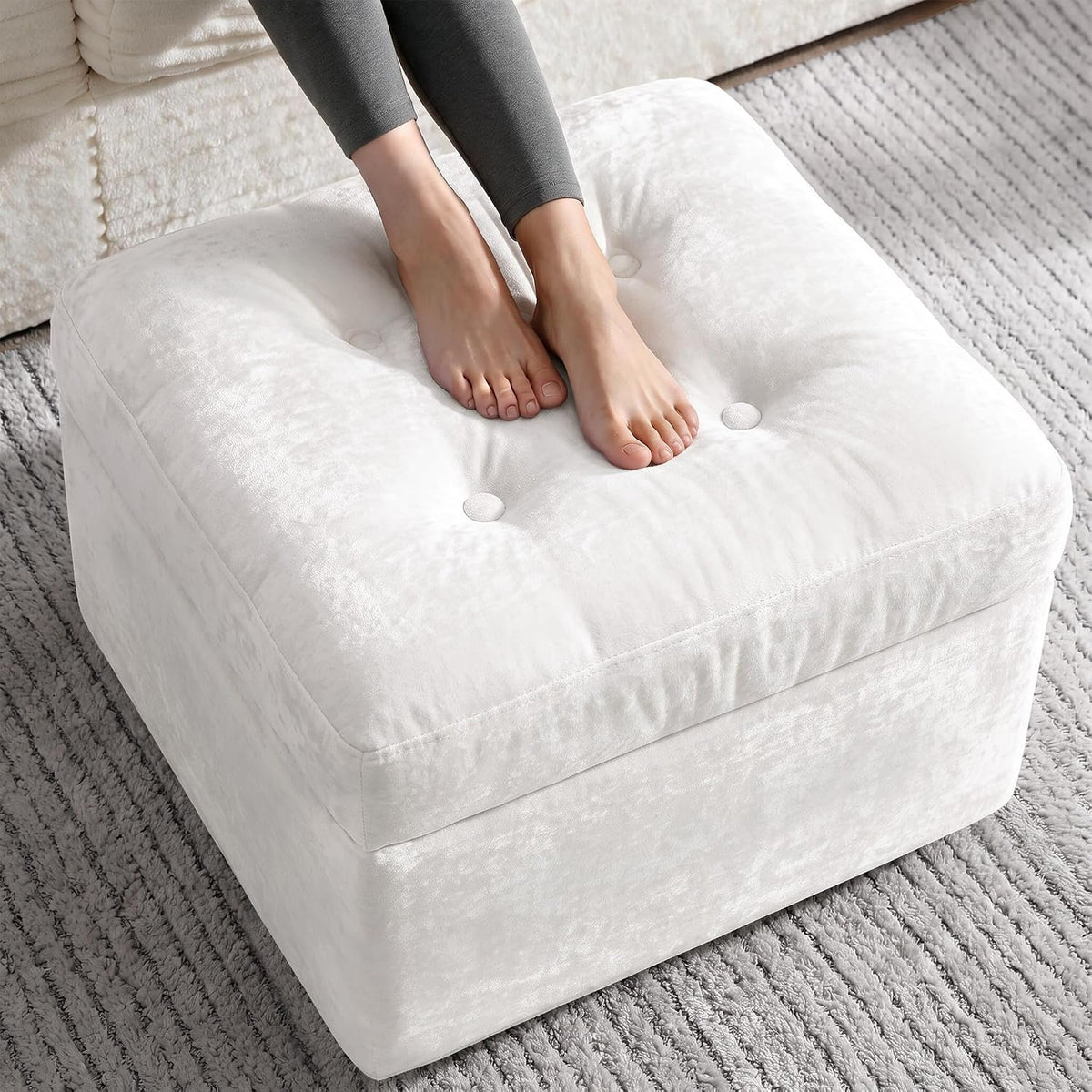 23.6in Pouf Ottoman, Chenille Ottoman Foot Rest with Dual‑Layer Support, Large Plush Pouf with Soft Chunk‑Foam Top & Firm Foam Base, Floor Foot Stool for Living Room, Beige