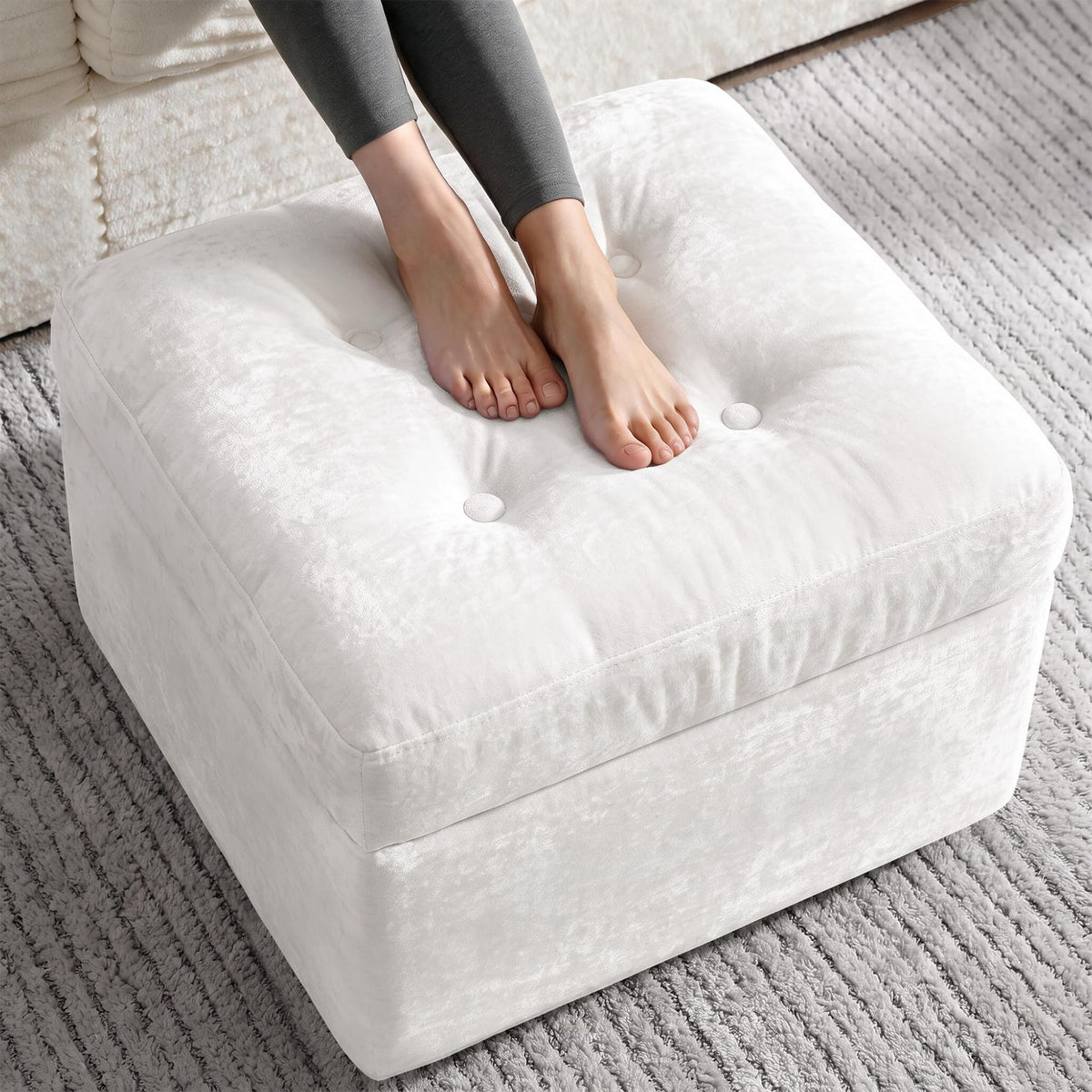 23.6in Pouf Ottoman, Chenille Ottoman Foot Rest with Dual‑Layer Support, Large Plush Pouf with Soft Chunk‑Foam Top & Firm Foam Base, Floor Foot Stool for Living Room, Beige