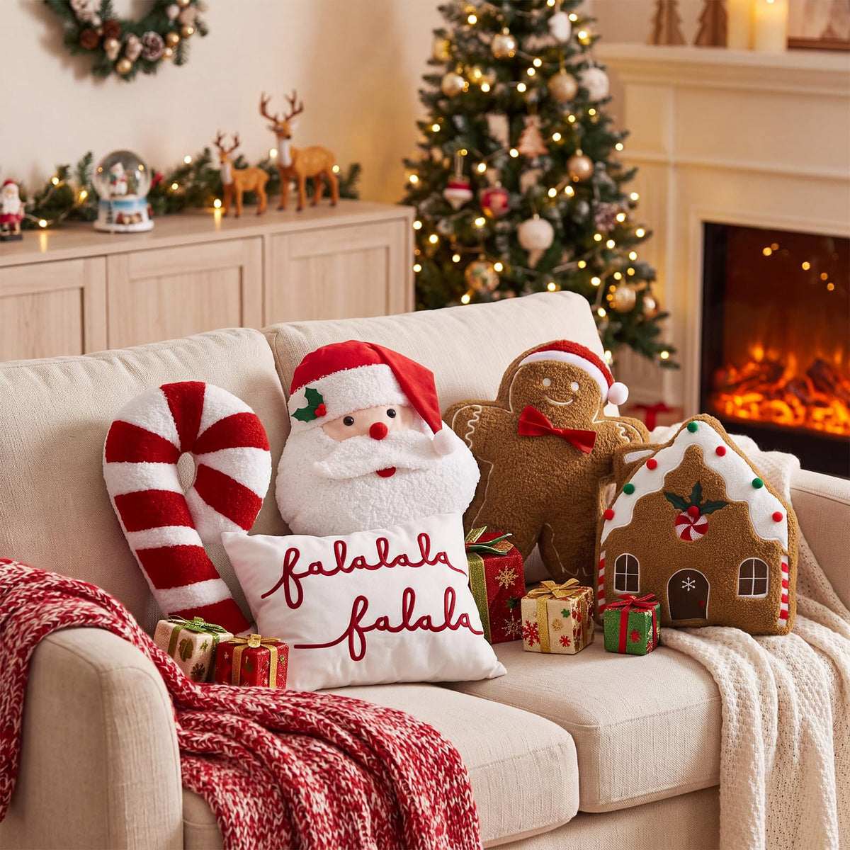 Geelin 5 Pcs Christmas Throw Pillows Gingerbread Xmas Tree Snowflake Candy