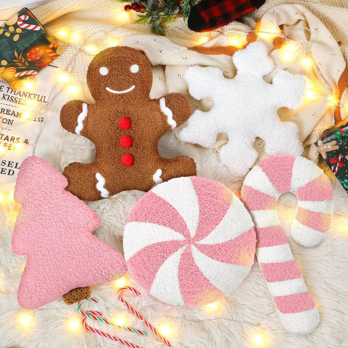 5 Pcs Christmas Throw Pillow Gingerbread Man Xmas Tree
