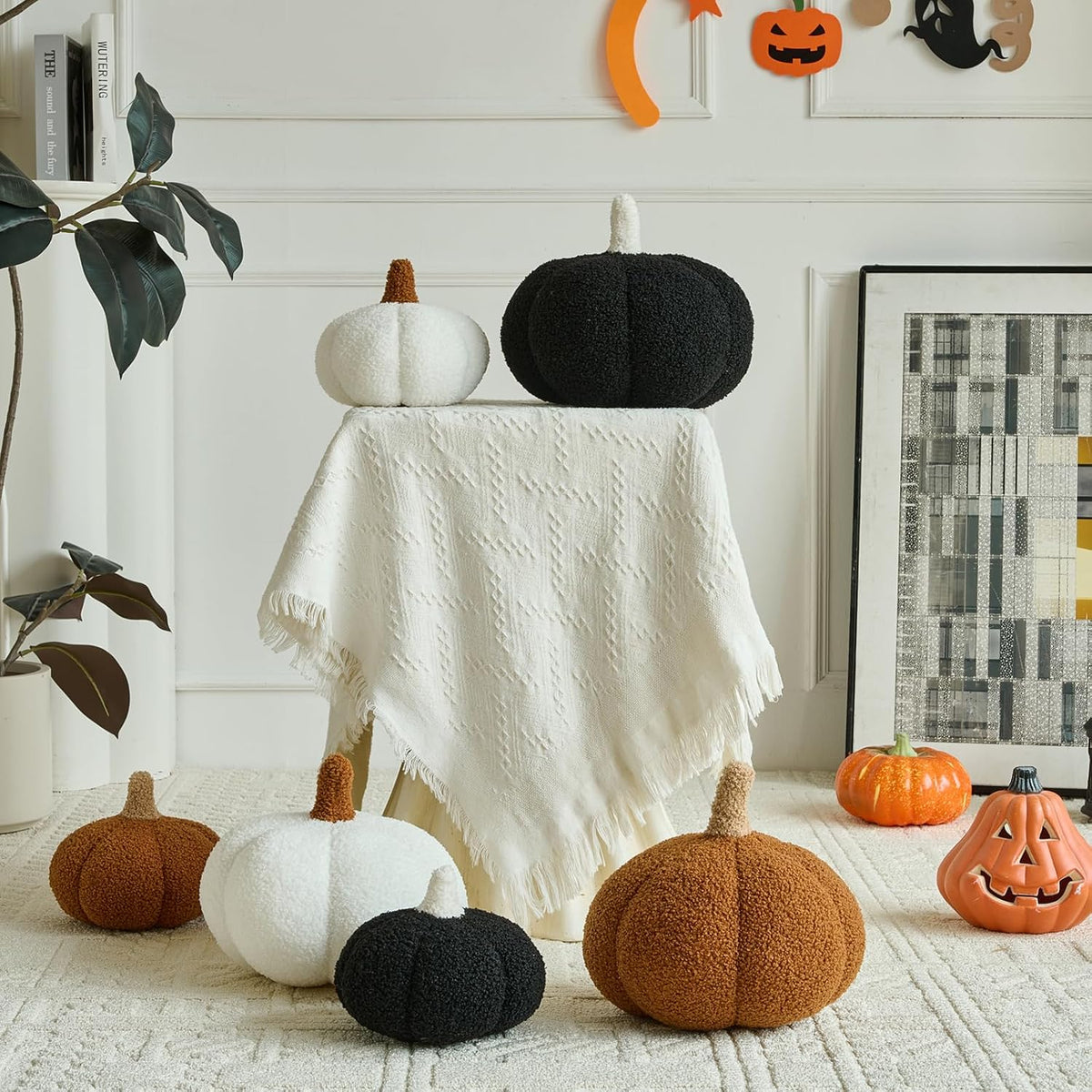 Pumpkin Pillows, Halloween Fall Room Décor (White, 8.6 Inches)