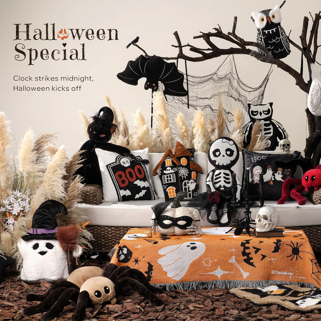 Phantoscope Happy Halloween Shaped Throw Pillow, Plush Teddy Sherpa Owl Shaped Pillow with 3D Beak, Halloween Decorative Animal Stuffed Cushion for Couch, Black, 17.5 x 11 inches
