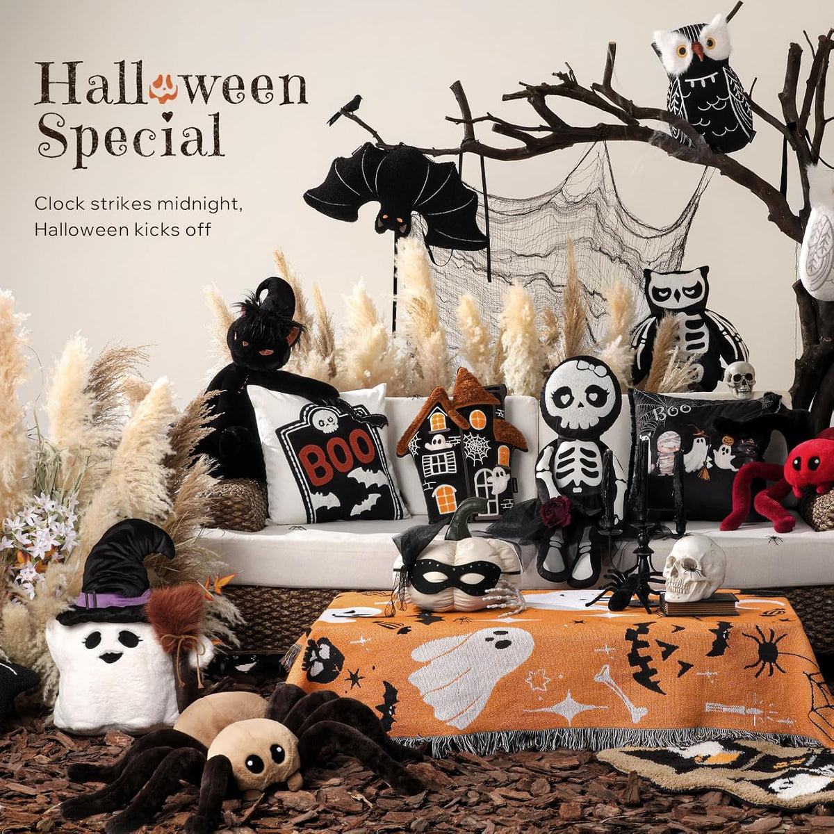Phantoscope Happy Halloween Shaped Throw Pillow, Plush Teddy Sherpa Owl Shaped Pillow with 3D Beak, Halloween Decorative Animal Stuffed Cushion for Couch, Black, 17.5 x 11 inches