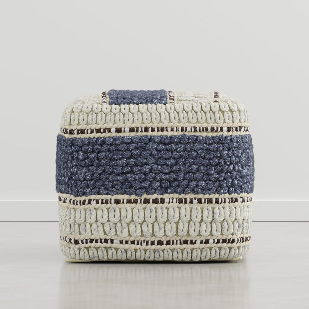 SIMPLIHOME Grady Square Pouf - 18 inch Wide Wool and Cotton Handloom Woven Ottoman in Natural/Blue, Contemporary Footstool or Extra Seating for Living Room with Polystyrene Bead Filling, Assembled