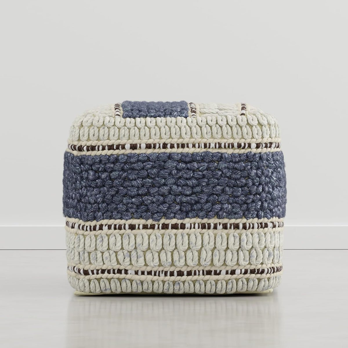 SIMPLIHOME Grady Square Pouf - 18 inch Wide Wool and Cotton Handloom Woven Ottoman in Natural/Blue, Contemporary Footstool or Extra Seating for Living Room with Polystyrene Bead Filling, Assembled