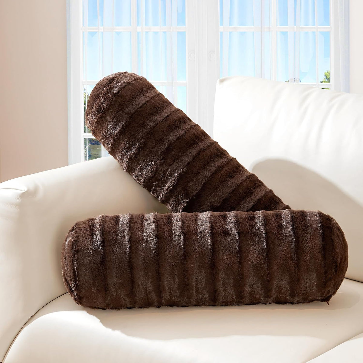 Cheer Collection Faux Fur Bolster Pillows – Soft Decorative Cylinder Pillows for Bed or Couch, Machine Washable – 8” x 24”, Set of 2, Snow Leopard