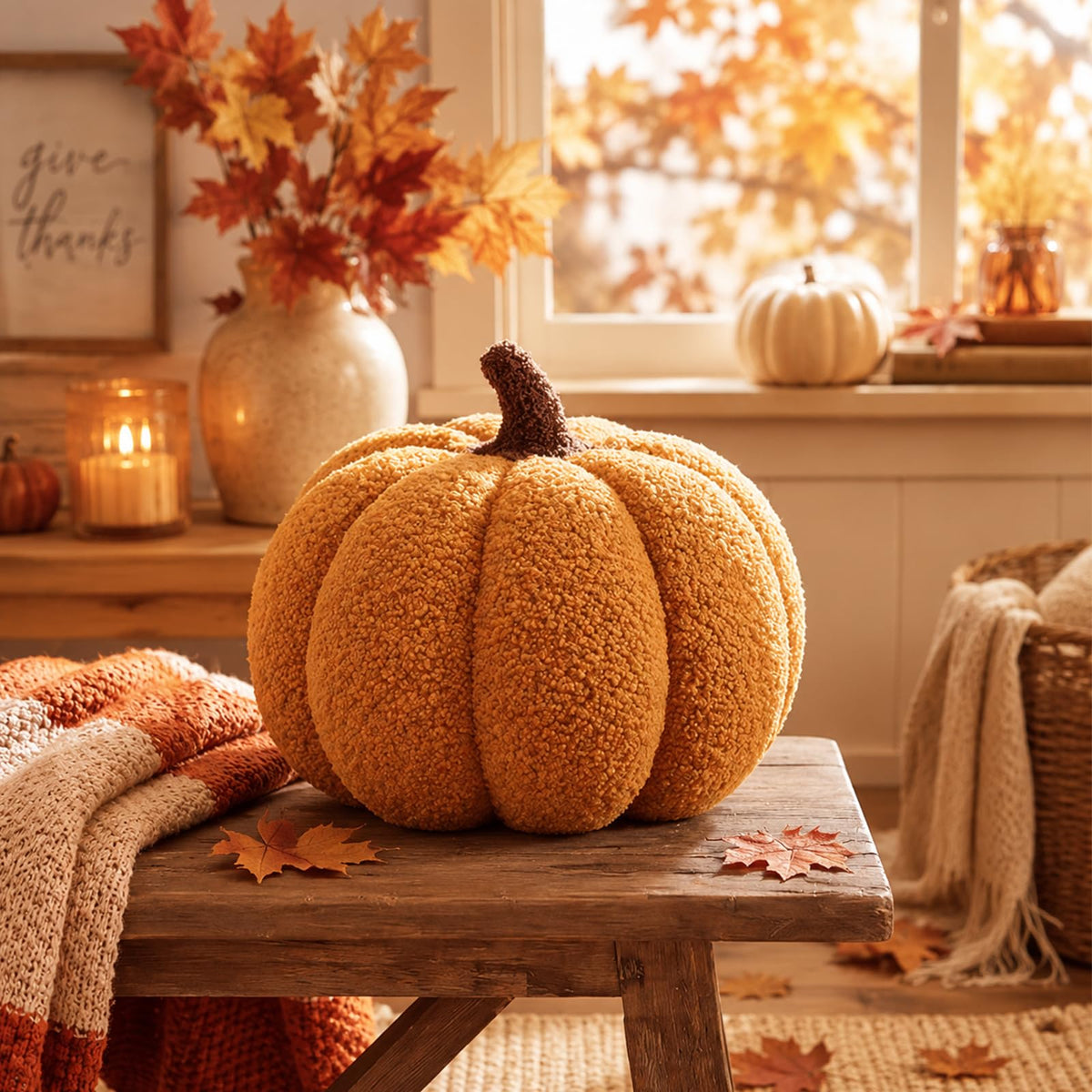 Juexica Stuffed Pumpkin Pillow Fall Halloween Decor Cushion,White,Small