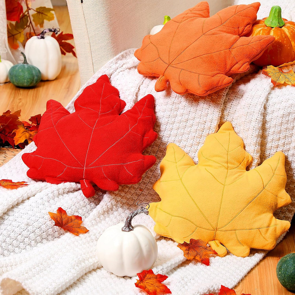 FairySandy 3 Pcs Fall Throw Pillows Maple Leaf Pillow Fall Autumn Maple Shaped Pillows 3D Leaves Decorative Soft Plush Pillow Cushion for Home Bedroom Party Living Room Couch Sofa Car