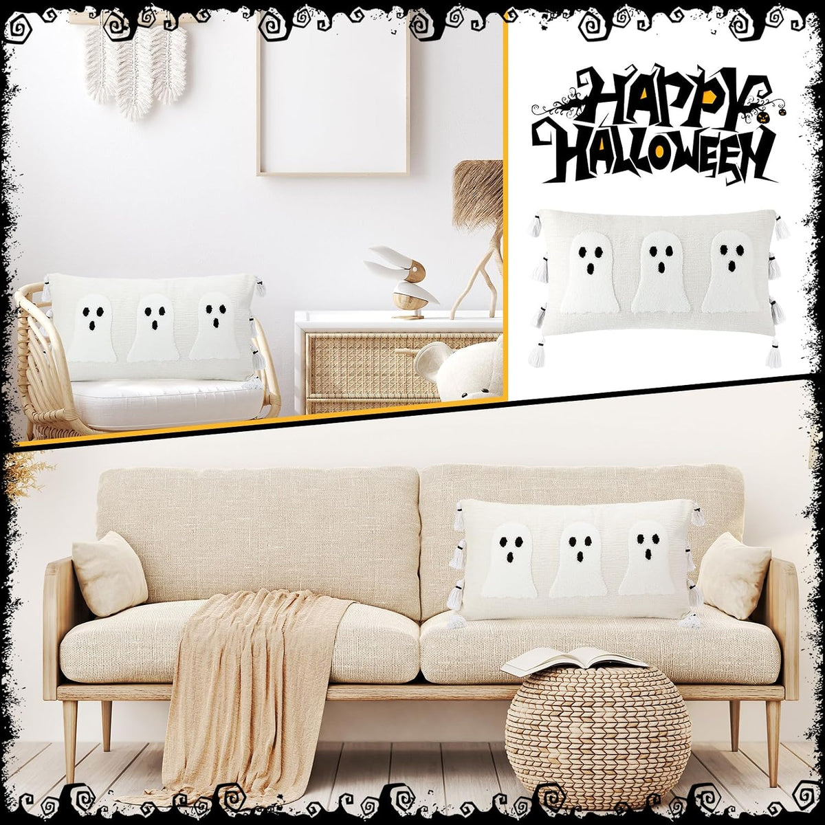 Vercraft Halloween Ghost Lumbar Throw Pillow with Tassels 14x26,White