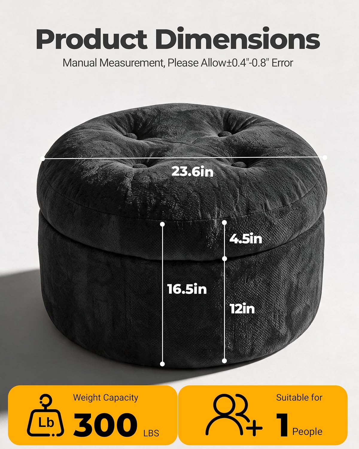 23.6in Round Pouf Ottoman, Chenille Ottoman Foot Rest with Dual‑Layer Support, Large Plush Pouf with Soft Chunk‑Foam Top & Firm Foam Base, Floor Foot Stool for Living Room, Black