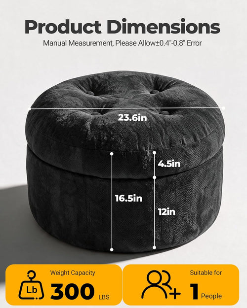 23.6in Round Pouf Ottoman, Chenille Ottoman Foot Rest with Dual‑Layer Support, Large Plush Pouf with Soft Chunk‑Foam Top & Firm Foam Base, Floor Foot Stool for Living Room, Black