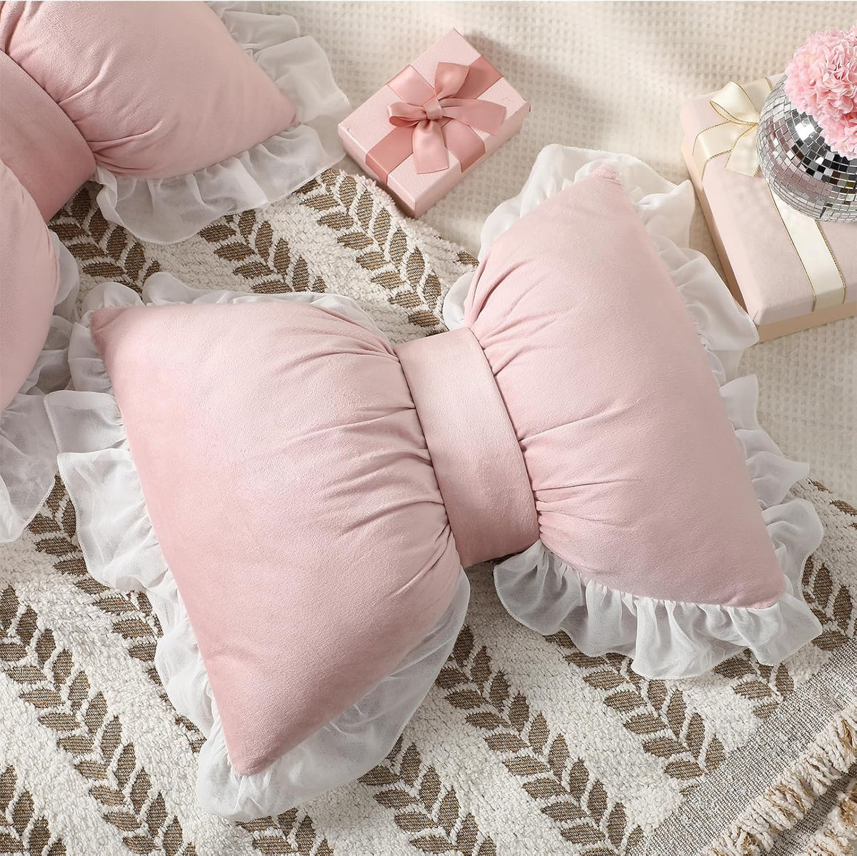 Yousoontic 2 Pcs Bow Throw Pillows 15.7x12.6 in, Velvet, Pink