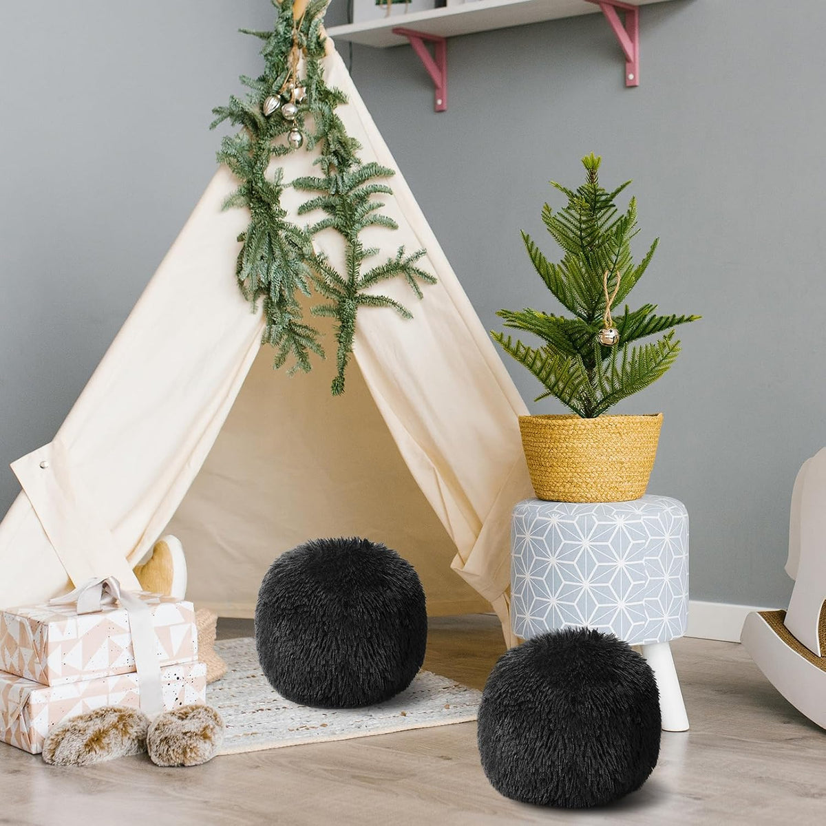 Black Round Ball Throw Pillow Plush Fluffy 10 Inch