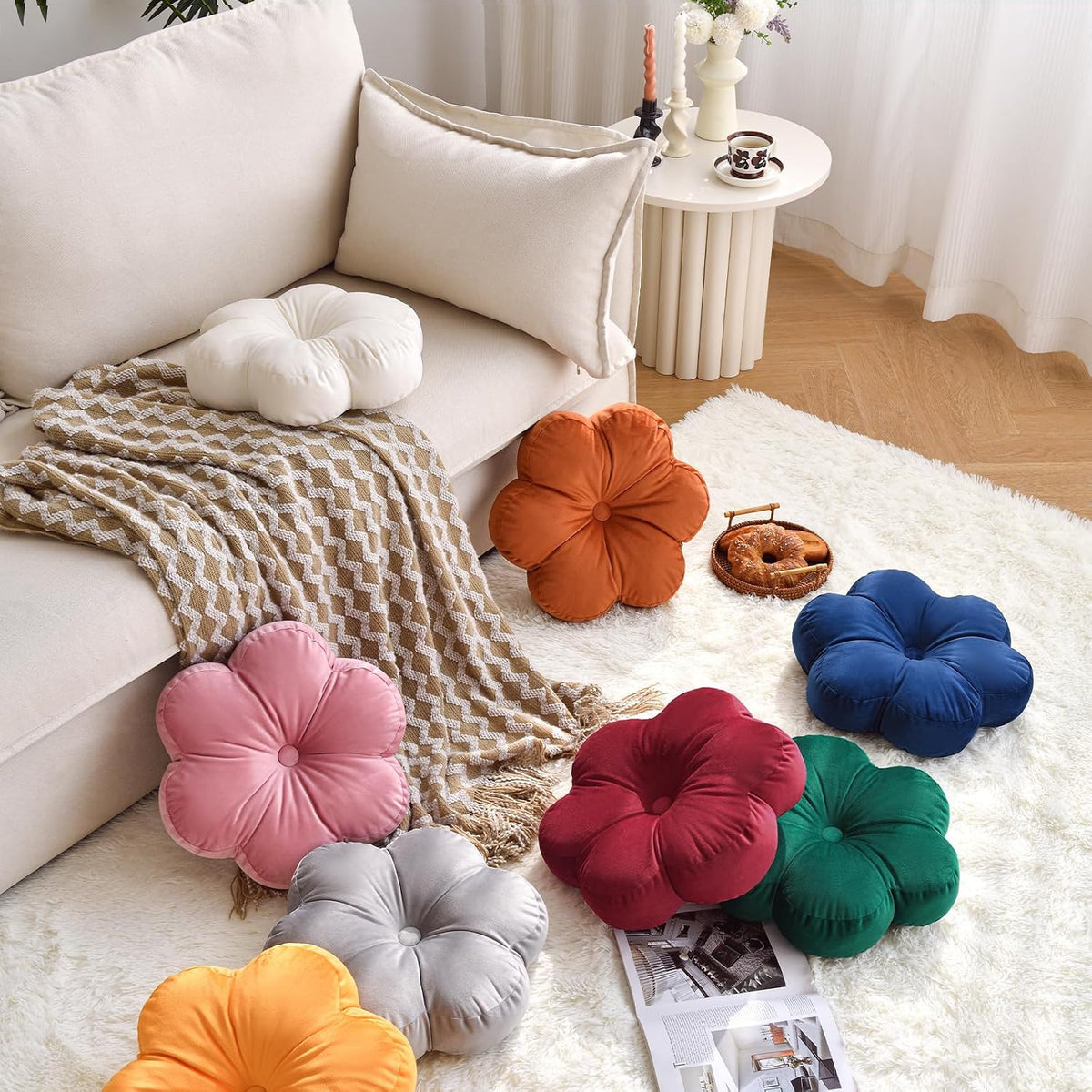 Flower Shaped Round Throw Pillow, Decorative Seat Cushion, 15", Ivory White