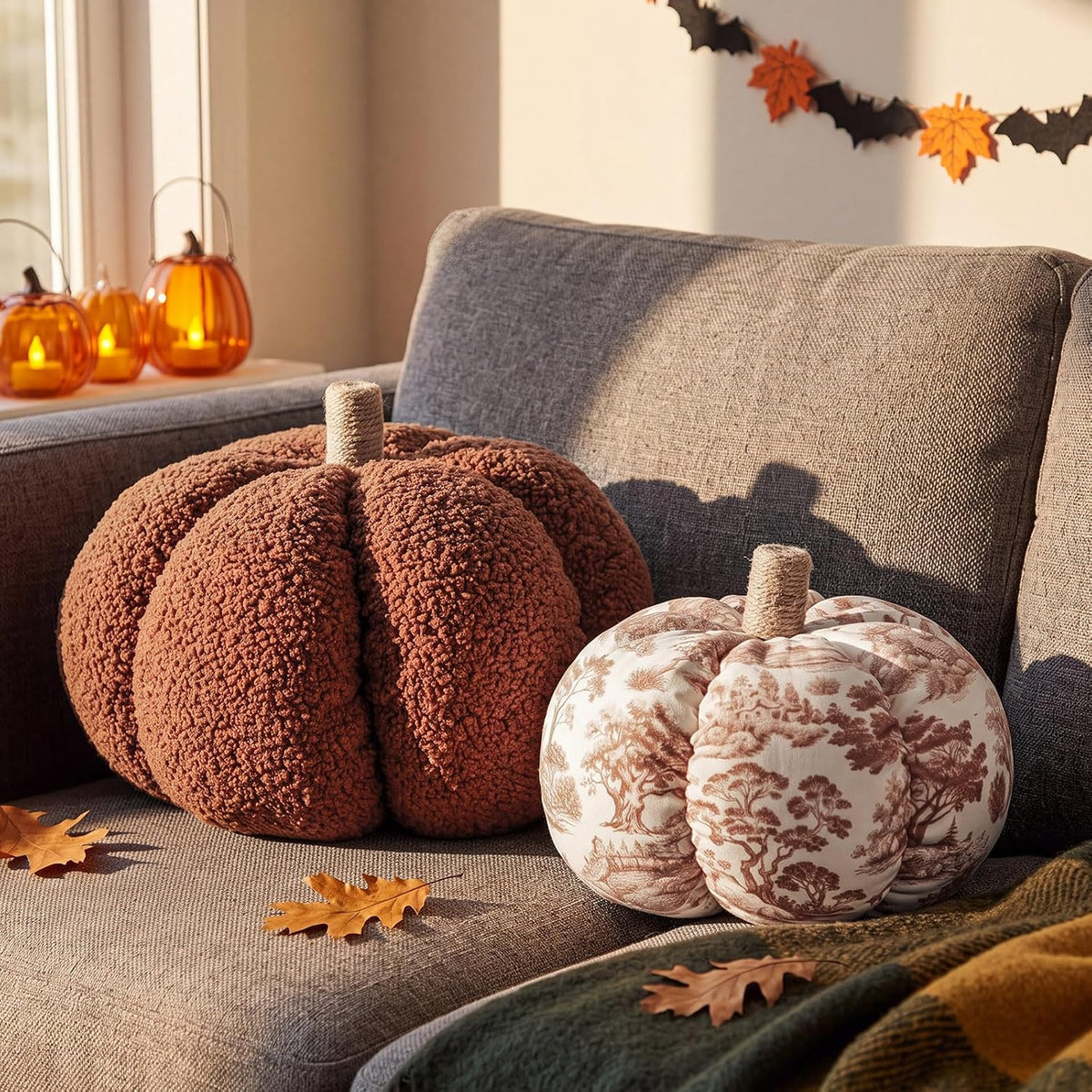Bucherry 2 Pcs Fall Pumpkin Pillows 3D Plush Throw Cushions for Sofa