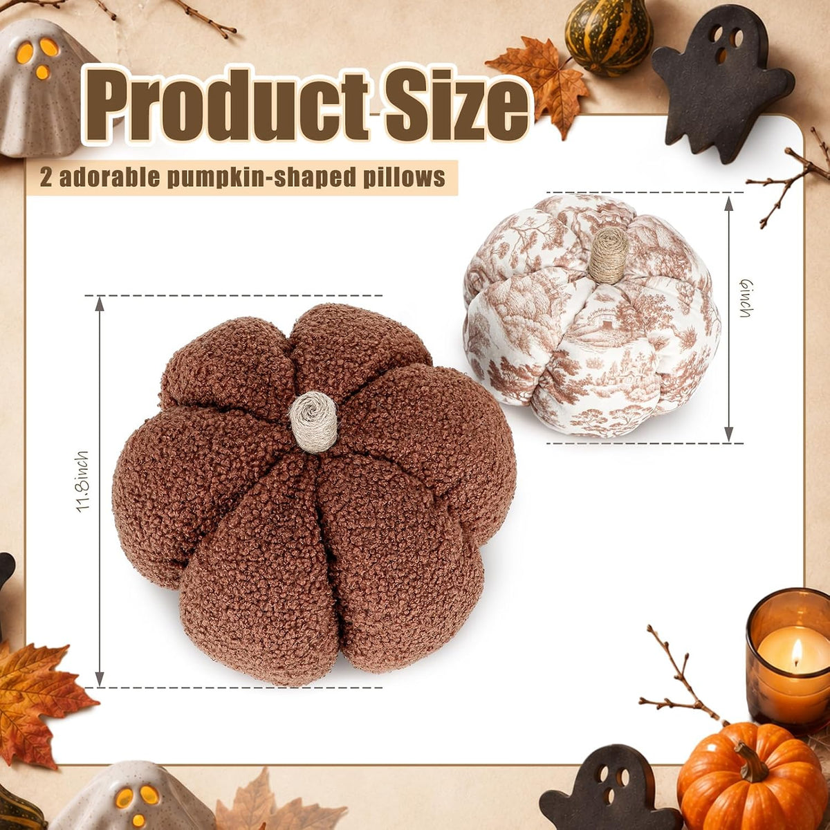 Bucherry 2 Pcs Fall Pumpkin Pillows 3D Plush Throw Cushions for Sofa