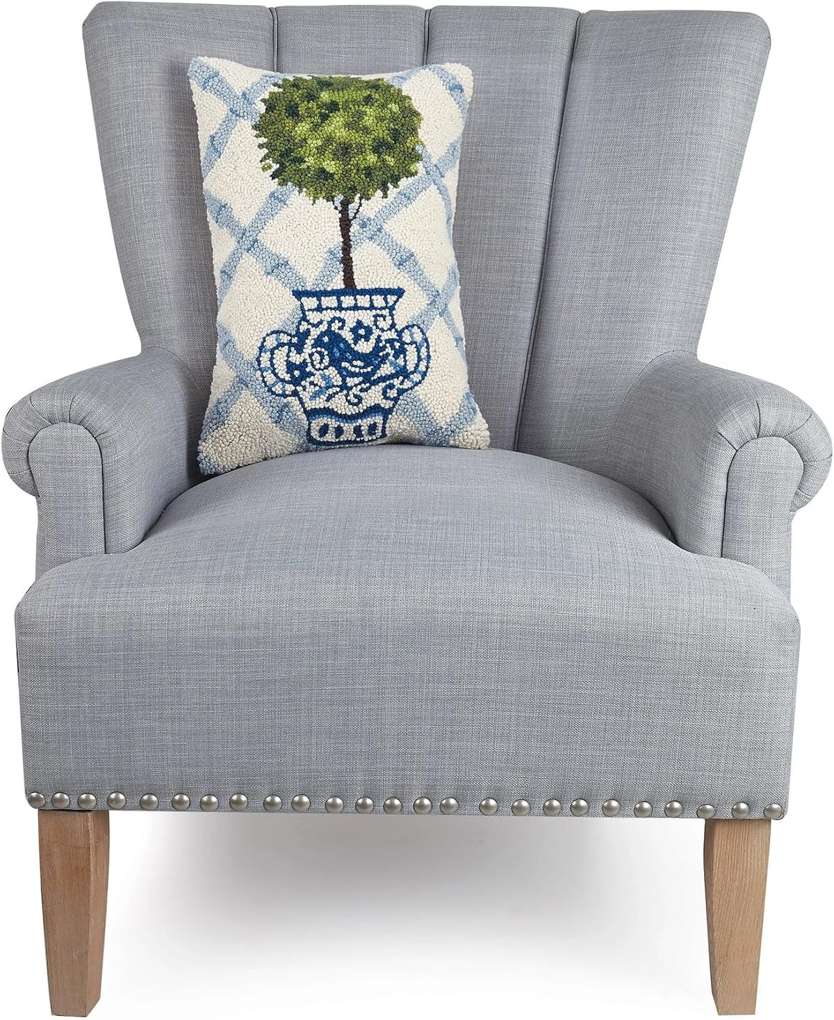 Peking Handicraft Ball Topiary in Chinoiserie Pot with Blue Trellis 12" x 18" Hooked Wool Throw Pillow with Polyfill Insert