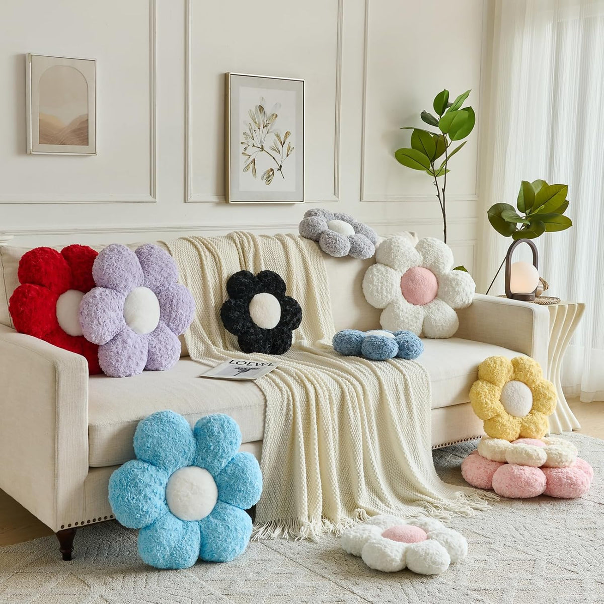 Flower Pillows, Decorative Throw Pillow with Soft Plush for Couch, Flower Shaped Pillow Home Decor Daisy Pillow for Bed (White, 14.9 Inches)