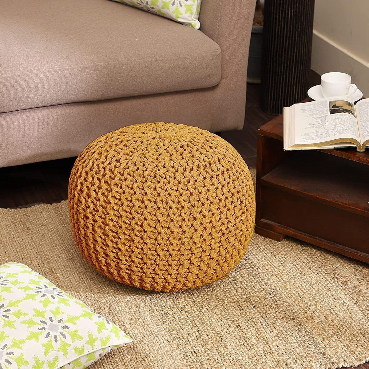· REDEARTH · Round Pouf Ottoman - Hand Knitted Boho Poof - Mustard, Set of 2