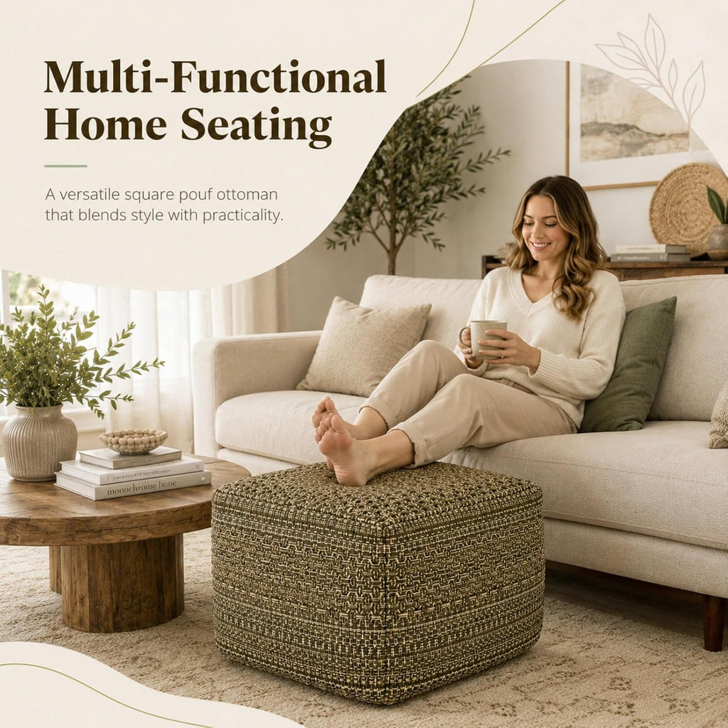 Unstuffed Ottoman Square Pouf Cover, 16.5 x 16.5 x 13 in Bohemian Ottoman with Cross-Stitch Woven Texture, Storage Footrest and Extra Seating for Living Room Bedroom Entryway