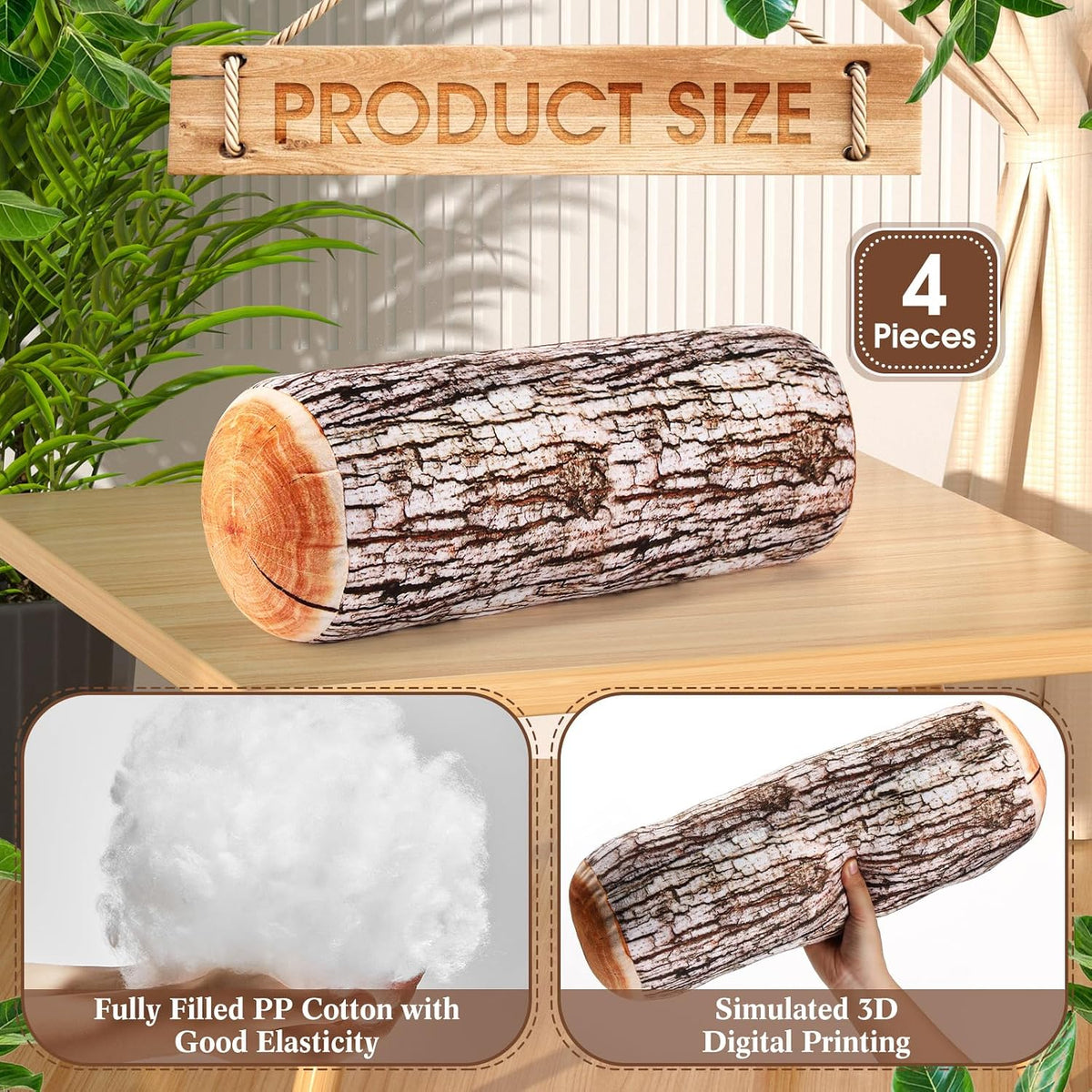 Huwena 4 Pcs Wood Pillows Tree Stump for Home Sofa Living Room Decor