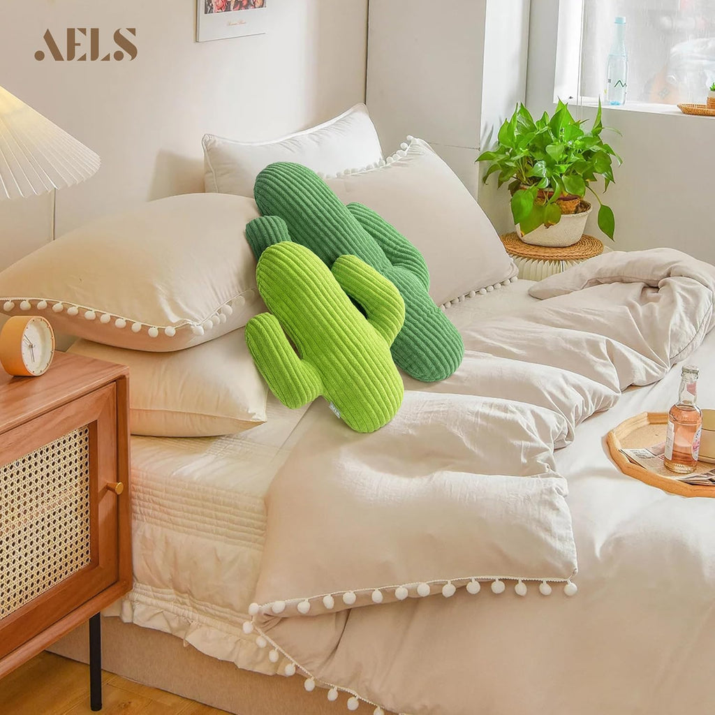 AELS Set of 2 Cactus Decorative Throw Pillows, 22"&14" Corduroy Striped Cactus Plush Pillow Set, Office Nap Pillow, Cute Succulent Throw Pillow for Nursery Bedroom Room Decor, Grass Green & Lime Green