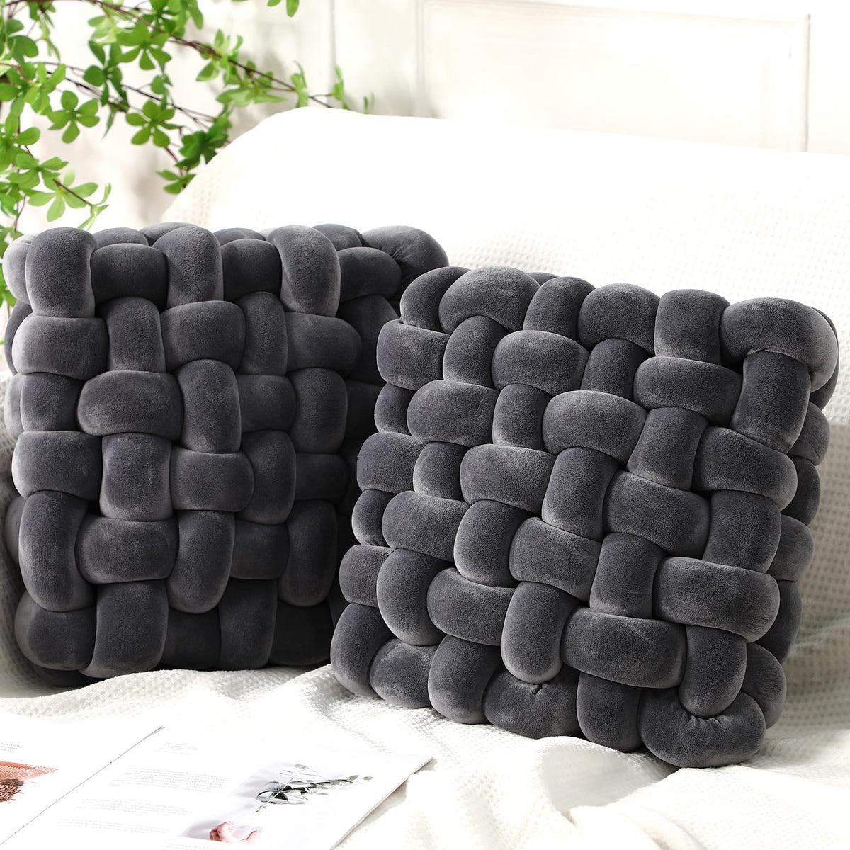 Wenqik 2 Pcs Knot Pillows Square Throw Pillow, Black, Crystal Velvet