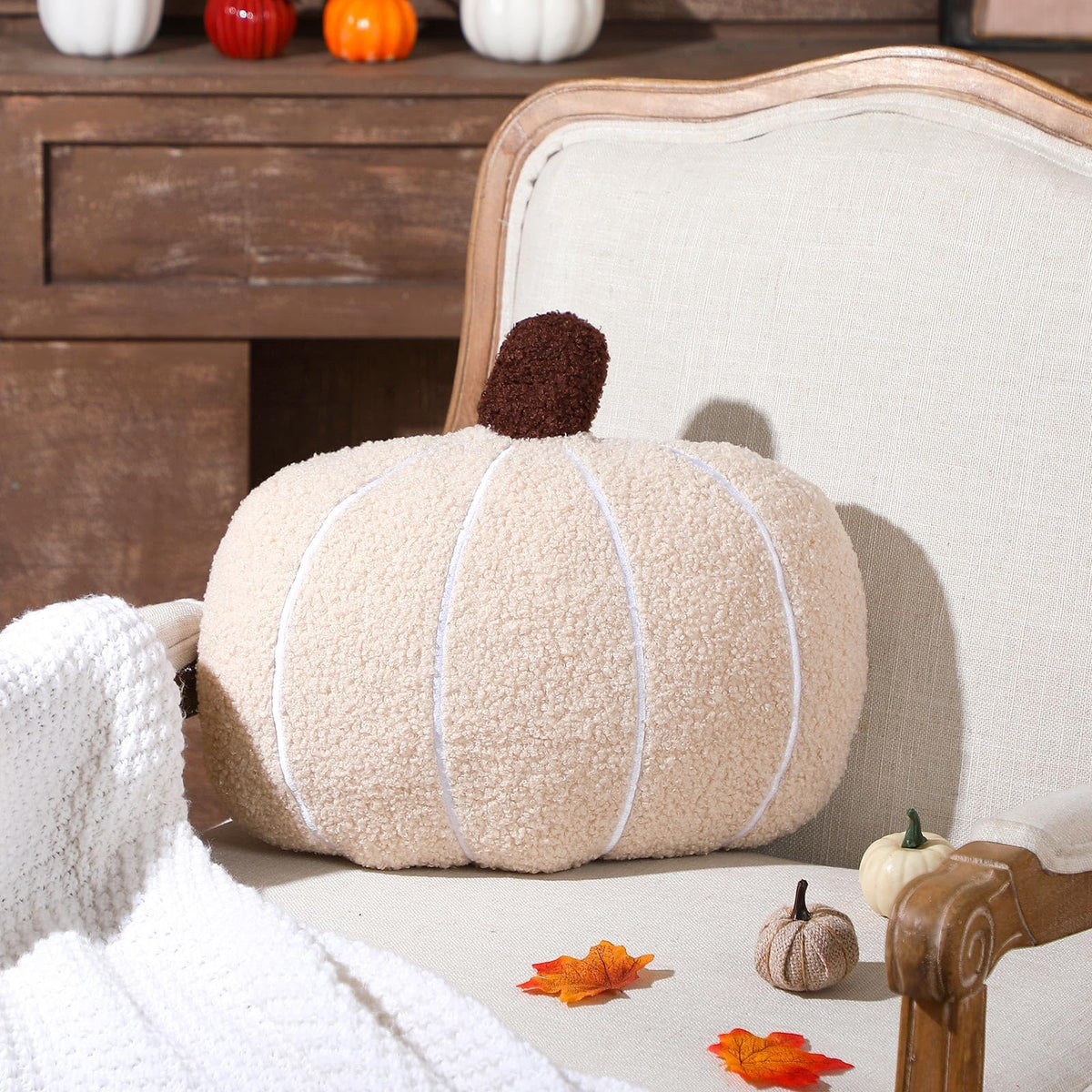 Wonderjune Fall Pumpkin Throw Pillow 14 x 9 Inch 3D Simulated Plush Pumpkin Shape Stuffed Throw Pillow for Sofa Cushion Couch Home Thanksgiving Decoration(Orange)