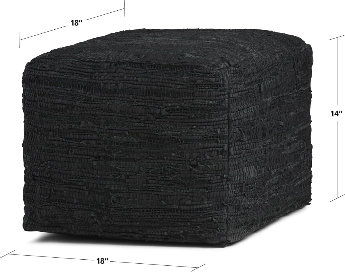 SIMPLIHOME Fredrik 18" Wide Square Pouf in Black Genuine Woven Leather