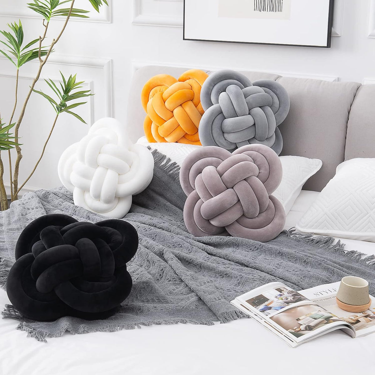 Knot Pillow, Decorative Throw Pillows with Soft Plush for Couch, 12" Knotted Pillows Black Dorm Room Decor Knot Pillow Ball Decorative Cushion for Bed Living Room