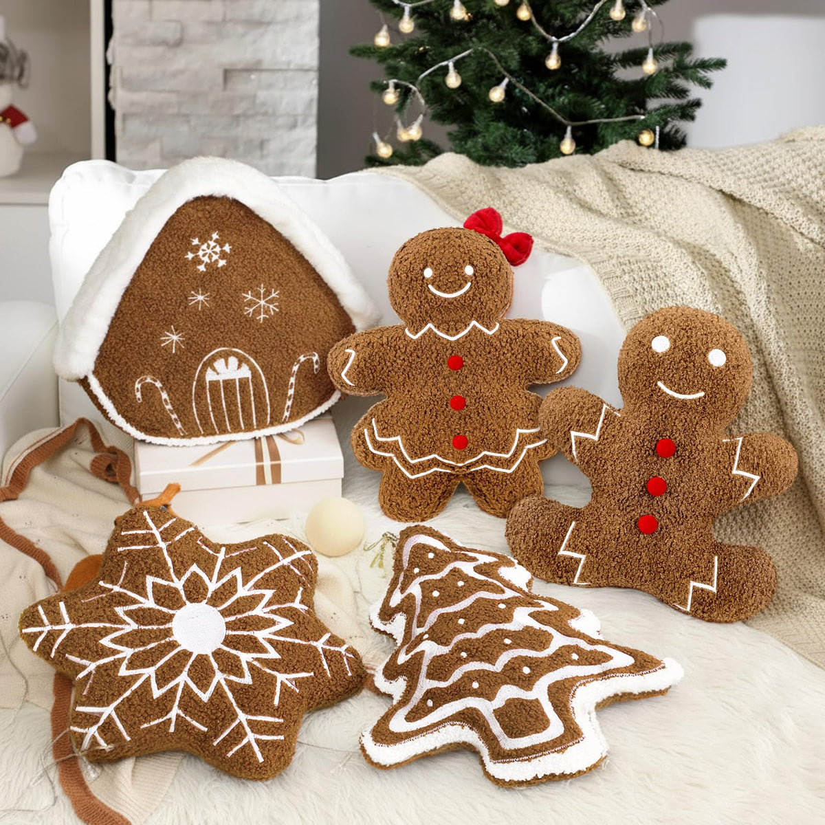 Geelin 5 Pcs Christmas Throw Pillows Gingerbread Xmas Tree Snowflake Candy
