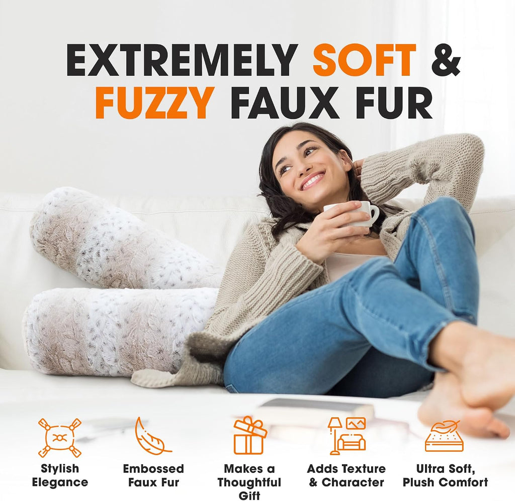 Cheer Collection Faux Fur Bolster Pillows – Soft Decorative Cylinder Pillows for Bed or Couch, Machine Washable – 8” x 24”, Set of 2, Snow Leopard