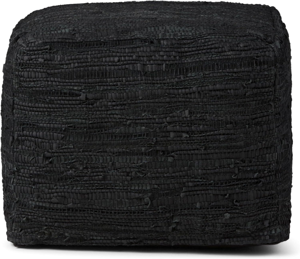 SIMPLIHOME Fredrik 18" Wide Square Pouf in Black Genuine Woven Leather