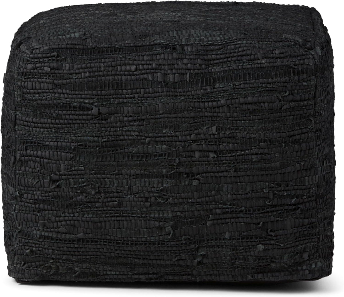 SIMPLIHOME Fredrik 18" Wide Square Pouf in Black Genuine Woven Leather