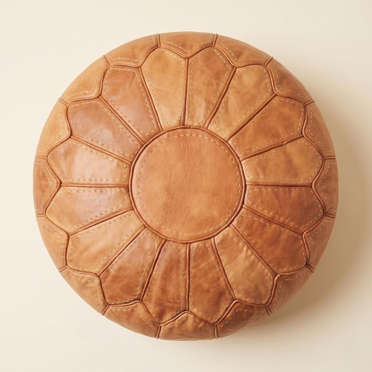 Moroccan Handmade Leather Pouf Ottoman — Round Genuine Leather Footstool, Hand-Stitched Unstuffed Pouf Cover for Living Room, Bedroom & Nursery (Cognac Brown)