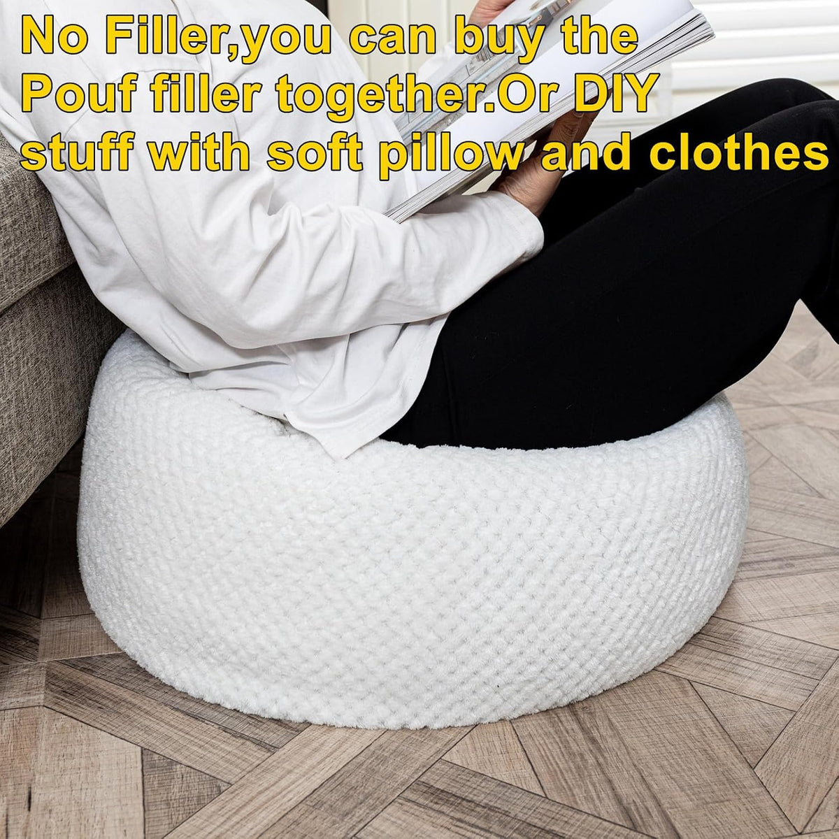 Asuprui Pouf Ottoman Unstuffed Ottoman Foot Rest No Filler Floor Pouf Soft Foot Stool 20x20x12 Inches Fuzzy Chair Floor Chair with Storage for Living Room Bedroom White