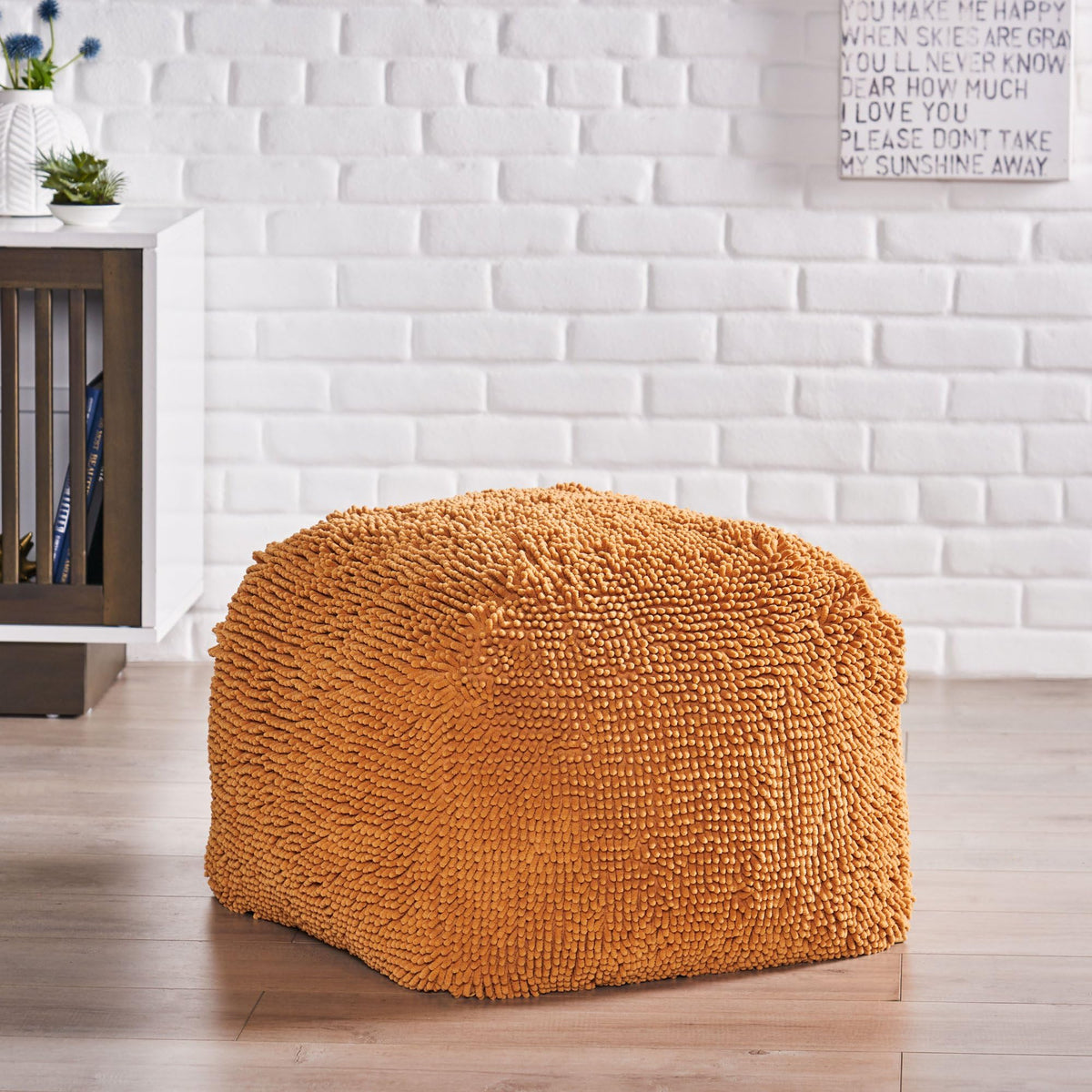 Foamma Pouf Ottoman Natural and Blue, 16"x16"x16" - Square Ottoman Foot Rest for Living Room and Bedroom, Pouf Footstool with Handcrafted Wool Cover, Foot Rest for Couch, Boho Furniture for Home
