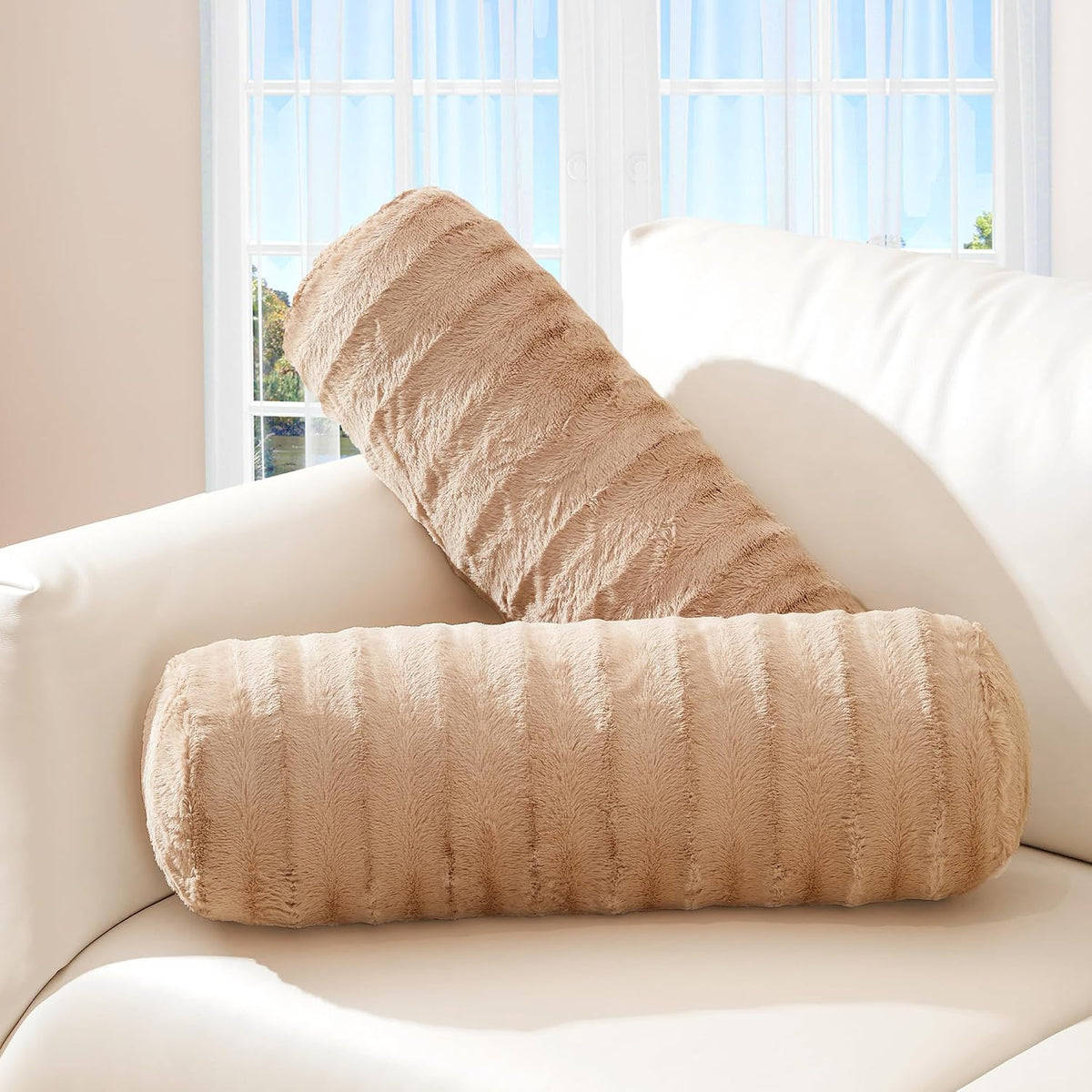 Cheer Collection Faux Fur Bolster Pillows – Soft Decorative Cylinder Pillows for Bed or Couch, Machine Washable – 8” x 24”, Set of 2, Snow Leopard