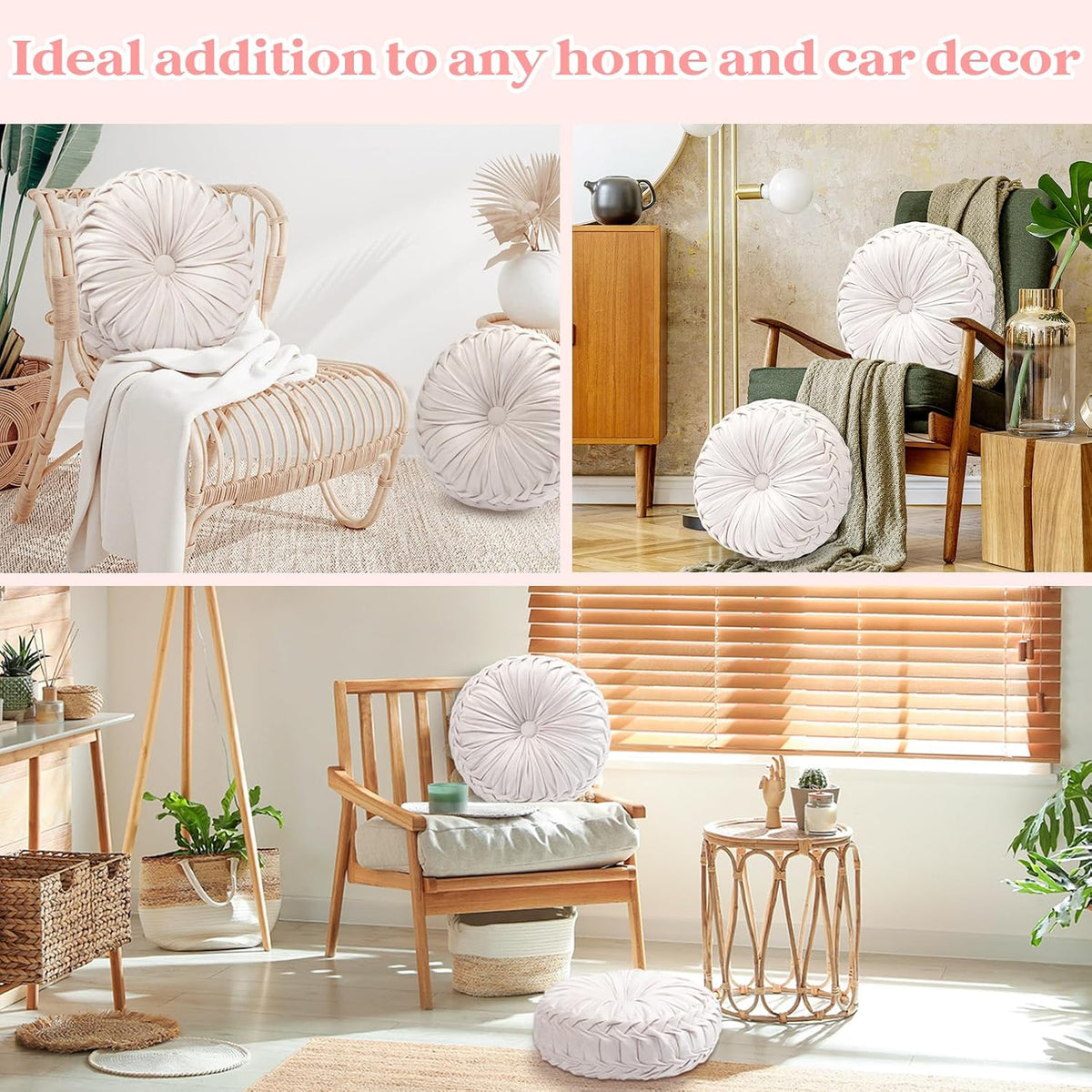Beeveer 2 Pcs Round Throw Pillows Velvet Pleated Pillows, Ivory