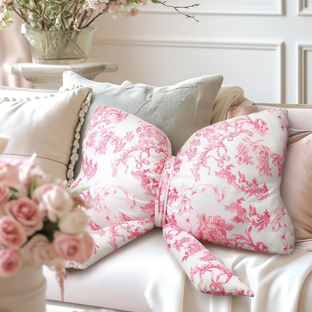 Colingmill Bow Shaped Throw Pillow 24 Inch Pink White Floral Decorative