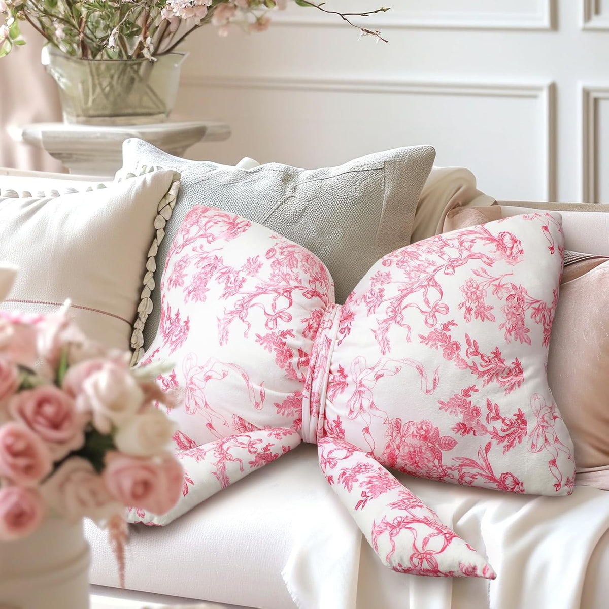 Colingmill Bow Shaped Throw Pillow 24 Inch Pink White Floral Decorative