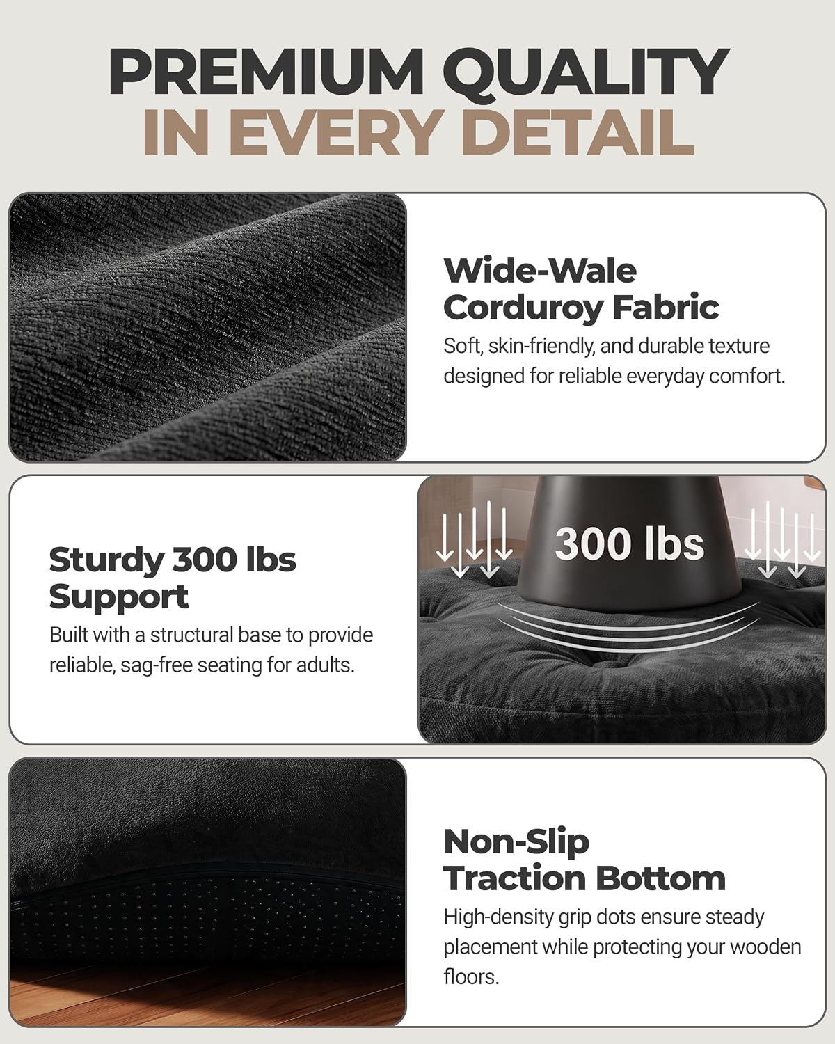 23.6in Round Pouf Ottoman, Chenille Ottoman Foot Rest with Dual‑Layer Support, Large Plush Pouf with Soft Chunk‑Foam Top & Firm Foam Base, Floor Foot Stool for Living Room, Black