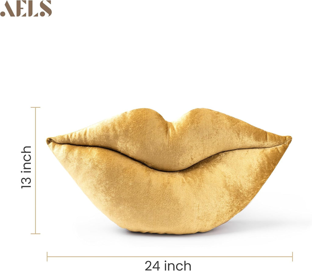 AELS 3D Large Lips Throw Pillows Smooth Soft Velvet Decorative Throw Pillows Love Pillows Cute Pillow 24 X 12 inches for Couch Sofa Bed Living Room Bedroom, Gold