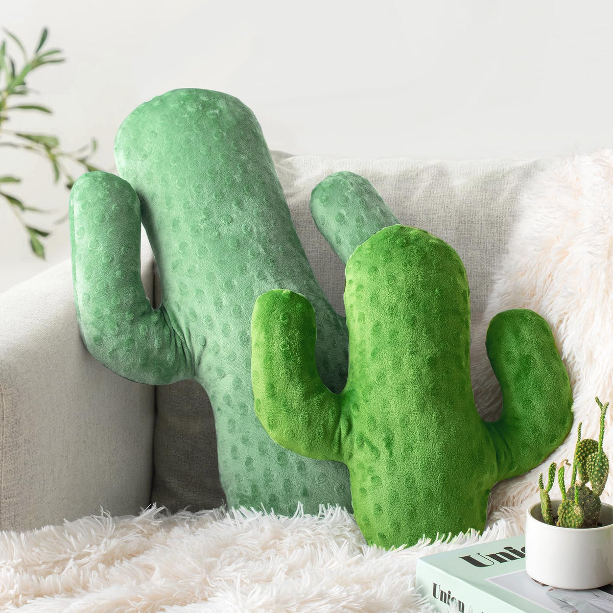 AELS Set of 2 Cactus Decorative Throw Pillows, 22"&14" Corduroy Striped Cactus Plush Pillow Set, Office Nap Pillow, Cute Succulent Throw Pillow for Nursery Bedroom Room Decor, Grass Green & Lime Green